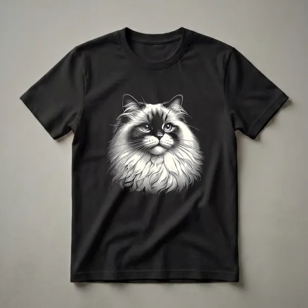 Black and cream scratchboard graphic t-shirt featuring the detailed face of a Ragdoll cat with striking blue eyes and a fluffy mane.