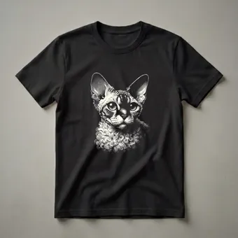 Vintage Devon Rex Cat Face Engraving Graphic T-Shirt for Cat Lovers
