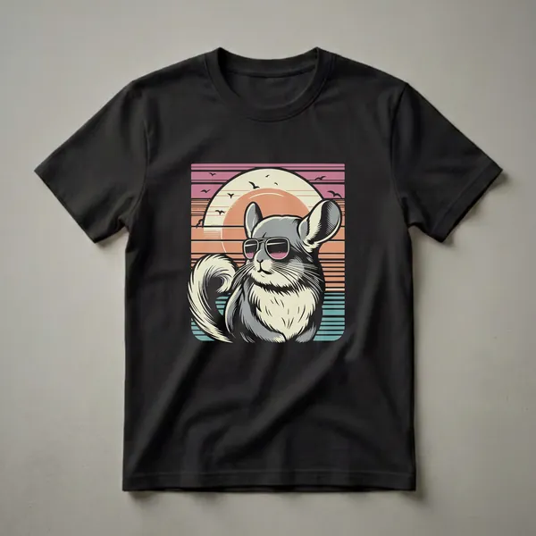 A chinchilla wearing sunglasses is depicted in a retro graphic style with a sunset and birds in the background, printed on a shirt.