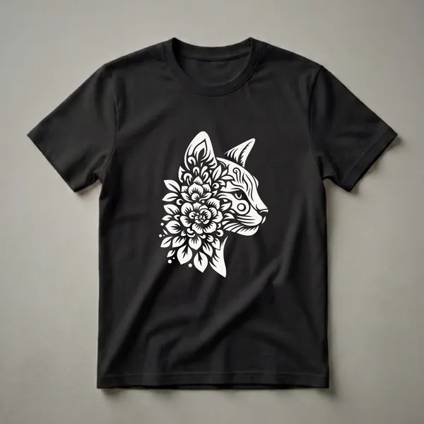 White floral cat head graphic art design on a black t-shirt, featuring intricate line work and blooming flowers.