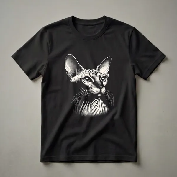 Black and white scratchboard graphic t-shirt featuring a detailed portrait of a Sphynx cat's head with large ears and expressive eyes.