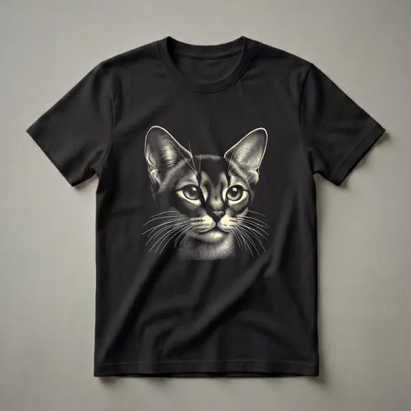 Black t-shirt featuring a vintage cream-colored engraving of an Abyssinian cat's face with large ears and detailed whiskers.