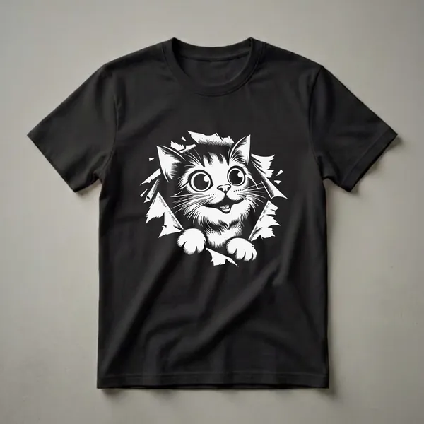 Black and white graphic t-shirt featuring a cartoonish, wide-eyed kitten peeking through a jagged, abstract hole with a playful expression.