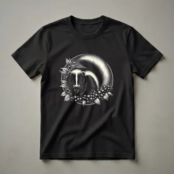 Black and cream graphic t-shirt featuring a vintage-style engraving of a skunk nestled among berries and leaves within a circular frame.