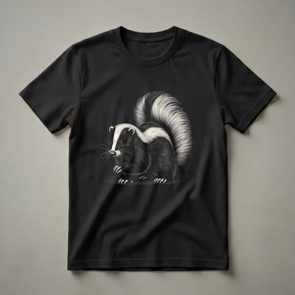 Black and white vintage illustration of a skunk with a bushy tail and white stripes on its back, on a black t-shirt.