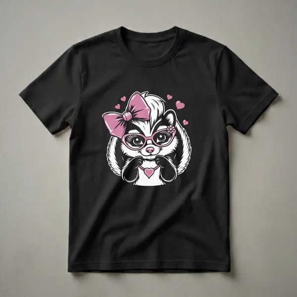 Black t-shirt featuring a cartoon skunk wearing pink glasses, a pink bow, and holding a pink heart necklace, with pink hearts floating around its head.