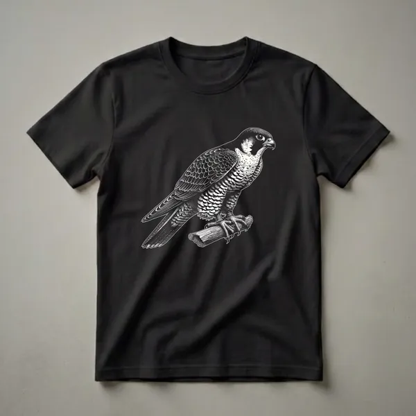 Black and white woodcut-style graphic of a peregrine falcon perched on a wooden branch, displayed on a black background.
