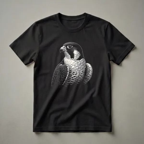 Black t-shirt featuring a vintage line drawing of a peregrine falcon in profile, rendered in white with intricate feather detail.