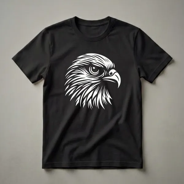 Black t-shirt with a white graphic of a falcon's head, depicted with sharp, stylized lines.