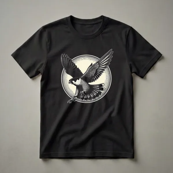 Black and cream woodcut-style graphic t-shirt featuring a peregrine falcon in flight with wings spread wide, set against a circular hatched background.