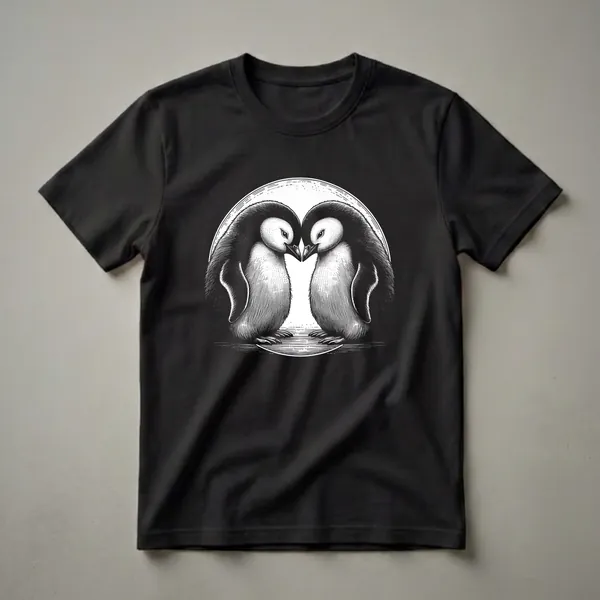 Black and white graphic t-shirt featuring two penguins facing each other with beaks touching, set against a circular background.
