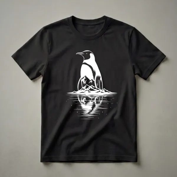 Black t-shirt with a white graphic design of an emperor penguin standing before snow-capped mountains reflected in water, with small white dots representing stars or ice crystals.