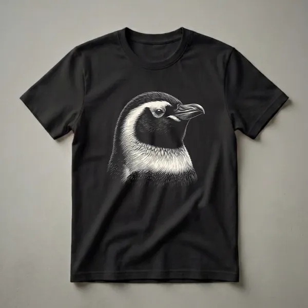 A black and cream scratchboard art graphic of a penguin's head and upper chest, displayed on a black t-shirt.