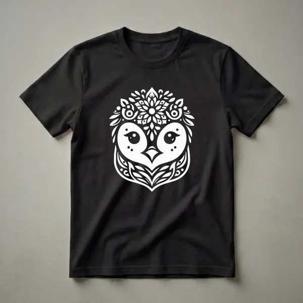 Black t-shirt with a white graphic of a stylized penguin face surrounded by floral mandala patterns.