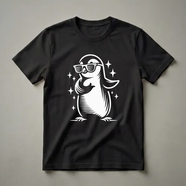 White graphic of a penguin wearing sunglasses and surrounded by sparkling stars, displayed on a black background.