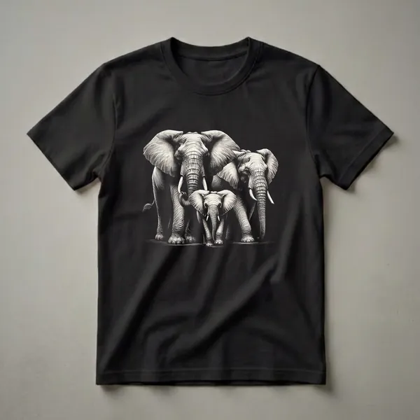 Black and white graphic t-shirt featuring a detailed sketch of two adult elephants and a baby elephant standing together against a black background.