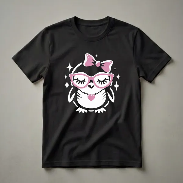 White graphic t-shirt featuring a cute penguin wearing pink glasses, a pink bow, and a heart pendant necklace, surrounded by white sparkles.