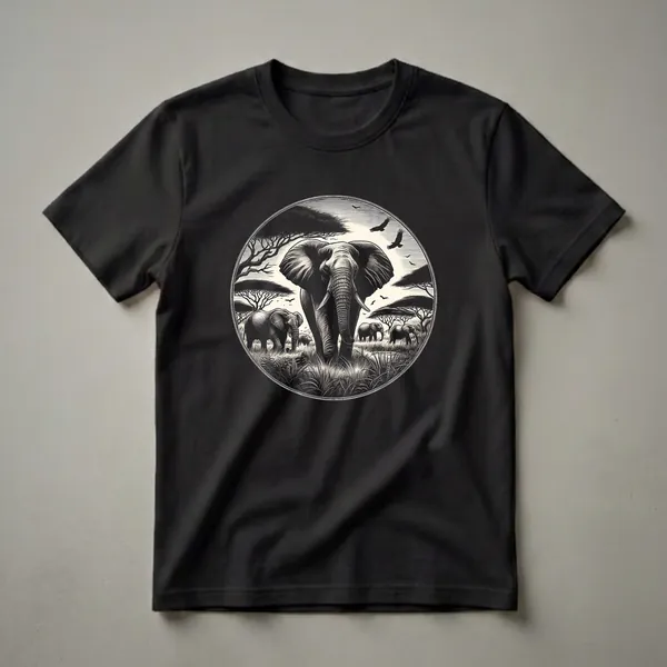 Black and white graphic t-shirt featuring a circular illustration of African elephants in a savanna landscape with acacia trees and birds.