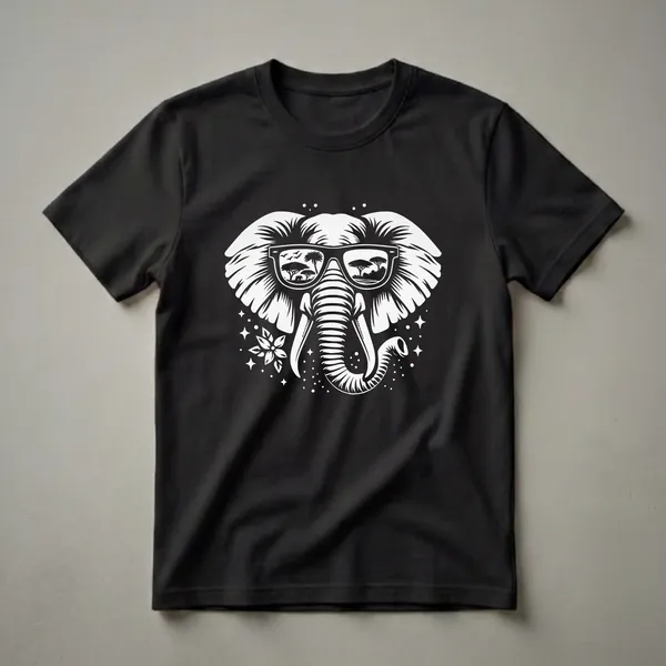 Black t-shirt featuring a white graphic of an elephant's head wearing sunglasses, with a safari scene including trees, birds, and another elephant reflected in the lenses.
