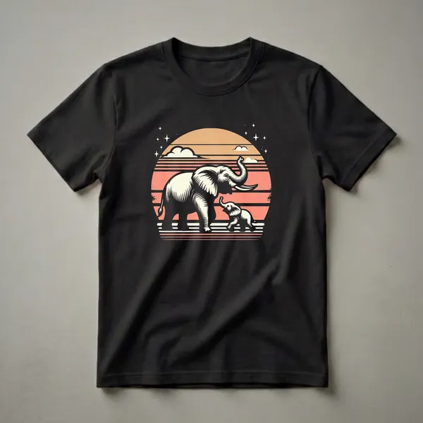 Black t-shirt with a retro graphic of a large elephant and a baby elephant walking against a sunset with orange, pink, and cream stripes, stylized clouds, and white stars.