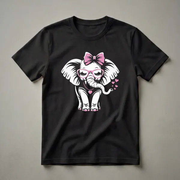 White graphic t-shirt featuring a cute elephant wearing pink glasses and a pink bow, with pink hearts floating around its trunk.