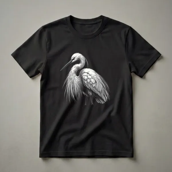 White vintage heron line art graphic t-shirt on a black background, showcasing intricate feather detail and a long beak.