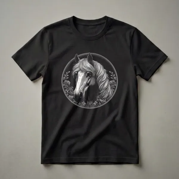 Black and white engraving graphic t-shirt featuring a horse's head within a circular frame, adorned with floral elements, for women.