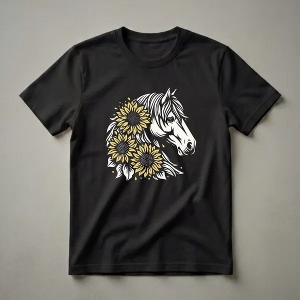 Cream-colored horse head profile with yellow sunflowers and white leaves against a black background, graphic art style.