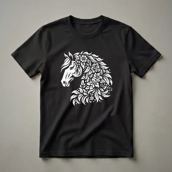 White graphic of a horse's head with flowers and leaves integrated into its mane, set against a black background.