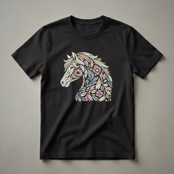 Black t-shirt featuring a stylized horse head graphic art design filled with floral and leaf motifs in pastel pink, tan, and blue.