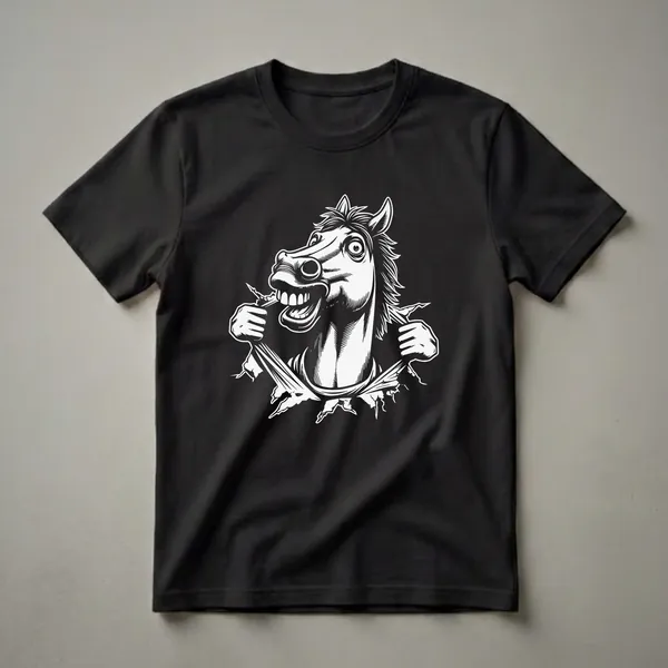 Black and white graphic t-shirt featuring a funny horse with wide eyes and a big grin peeking through torn fabric.
