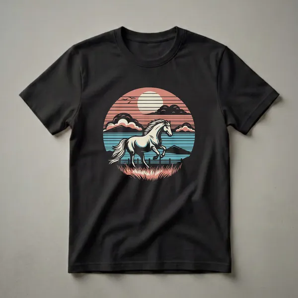 A graphic t-shirt featuring a white horse running in a field against a retro sunset with stylized clouds, sun, and water.