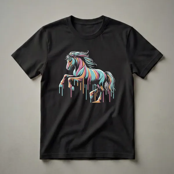 Black t-shirt with a colorful geometric horse graphic featuring teal, pink, and orange dripping paint effect.