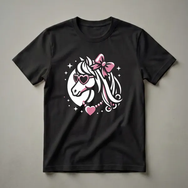 Black t-shirt with a graphic of a white horse head wearing pink heart sunglasses, a pink bow, and a pink heart pendant necklace, surrounded by white stars and dots.