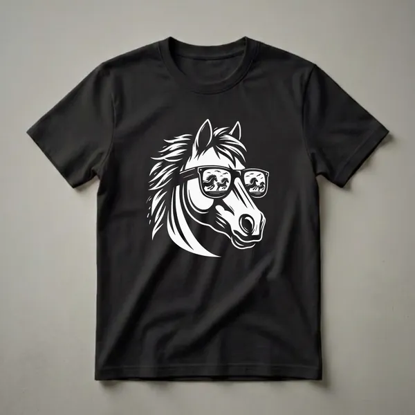 White graphic of a horse wearing sunglasses with running horses reflected in the lenses, on a black t-shirt.