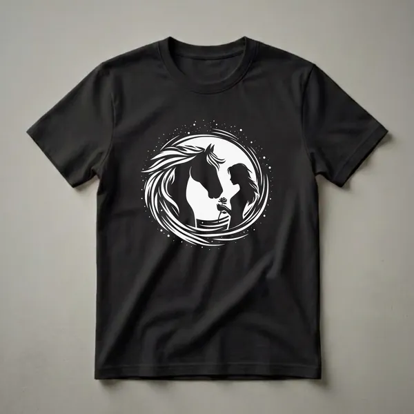 Black graphic t-shirt featuring a white silhouette of a horse's head and a woman holding a rose, set against a circular, starry background.