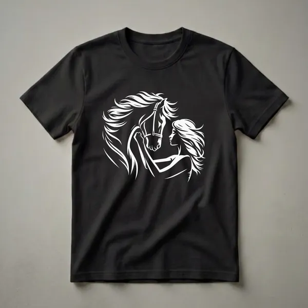 White graphic design of a woman with flowing hair embracing a horse's head, on a black t-shirt.