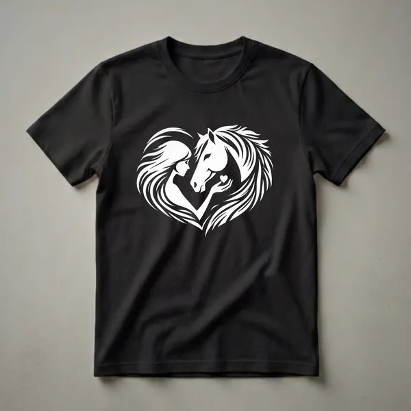 White graphic design on a black shirt featuring a woman's profile and a horse's head forming a heart shape, with a small heart held between their hands.