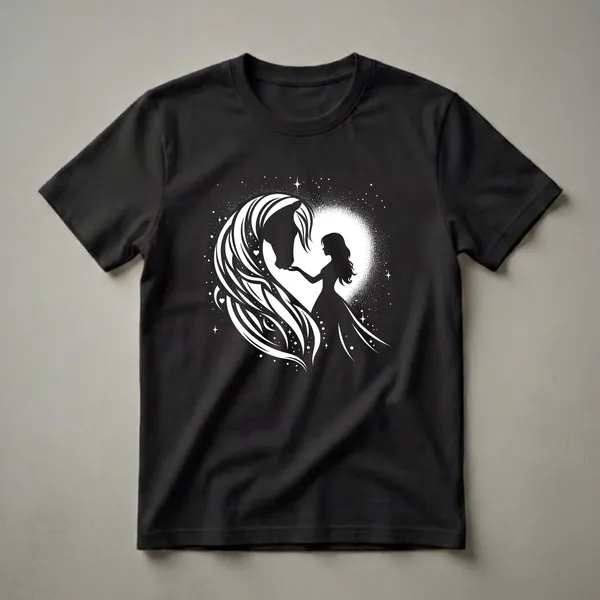 Black graphic t-shirt featuring a white silhouette of a woman in a dress reaching towards a horse's head, set against a speckled starry night background.