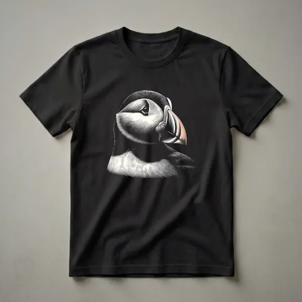 Black and white vintage graphic t-shirt featuring a detailed profile illustration of a puffin's head with its distinctive beak.