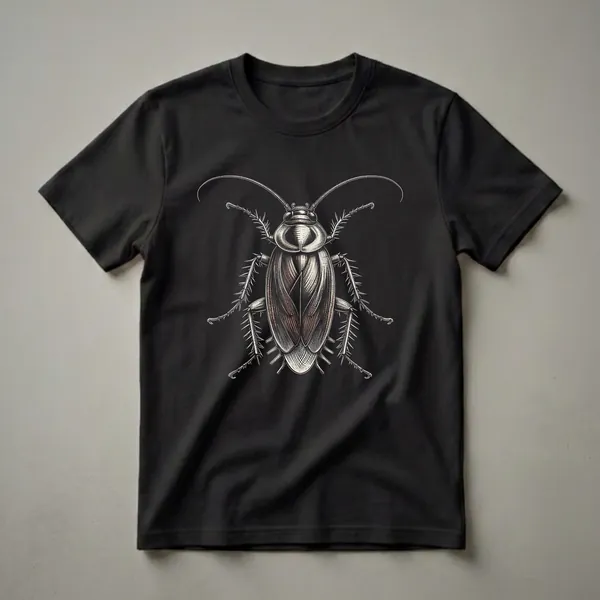 Black t-shirt with a detailed, vintage-style illustration of a cockroach in shades of brown and cream, set against a black background.