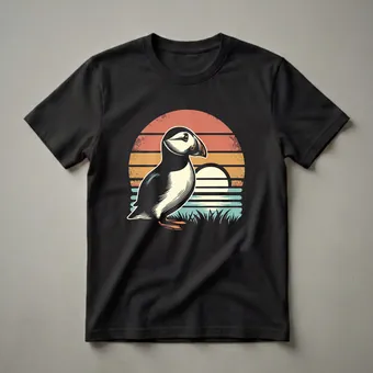Retro Sunset Puffin Graphic T-Shirt for Birdwatchers and Nature Fans