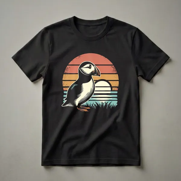 Black t-shirt with a detailed puffin illustration standing in grass in front of a retro layered sunset circle in coral, orange, tan, and teal stripes.