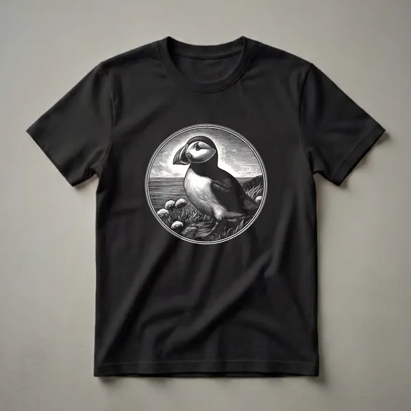 Black and white graphic t-shirt featuring a vintage woodcut illustration of an Atlantic Puffin standing on grass with the ocean and cliffs in the background, enclosed in a circular frame.