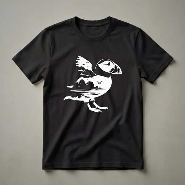 White graphic of a puffin with a landscape scene including rocky islands, water, clouds, and flying birds, printed on a black t-shirt.