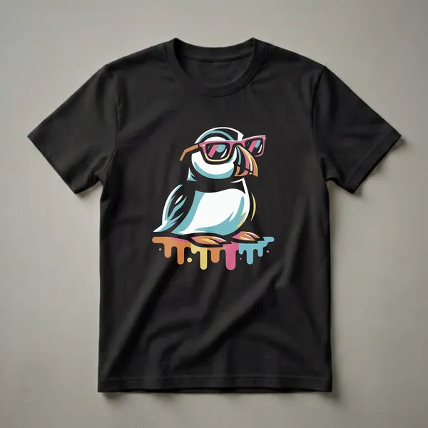 White and teal puffin wearing pink-framed sunglasses, with colorful geometric shapes and dripping paint elements, on a white background.
