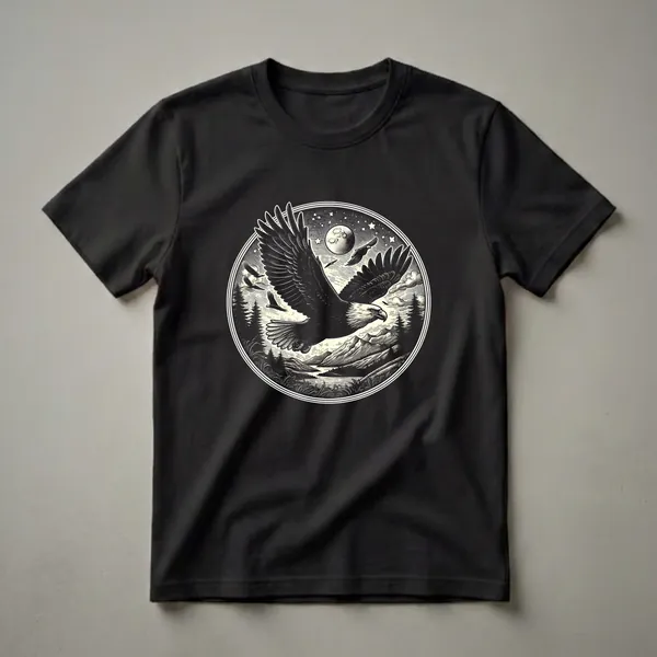 Black and cream graphic t-shirt featuring a bald eagle in flight over mountains and a lake under a moonlit sky, with pine trees and other birds.
