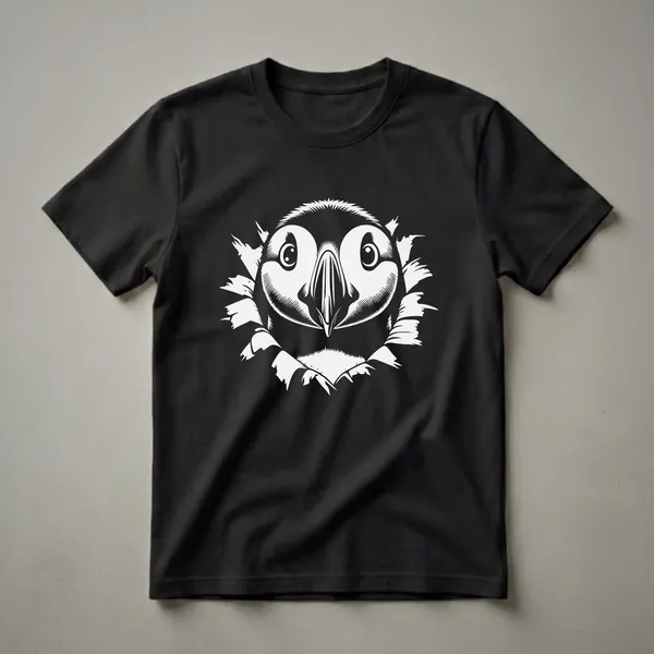 Black and white graphic t-shirt featuring a puffin's face peeking through a torn opening, with detailed illustration of its eyes and beak.