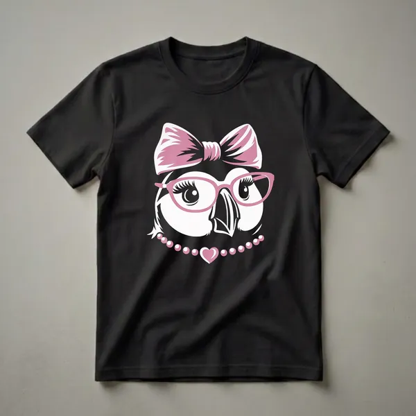 White puffin graphic t-shirt with pink bow, pink glasses, and a pearl necklace with a heart pendant.