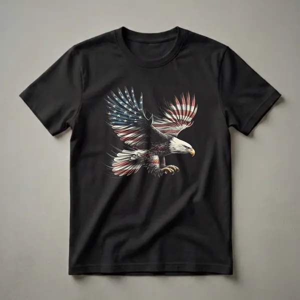 Black t-shirt featuring a detailed illustration of a bald eagle in flight, its wings intricately designed with the pattern of the American flag, set against a solid black background.
